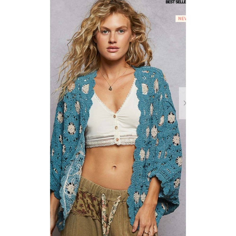POL Teal Crochet Open Cardigan with Cream Accents